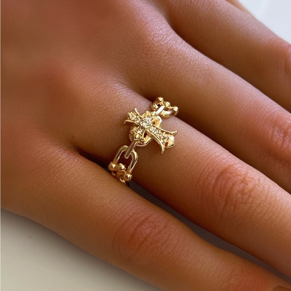 18k Gold Filled Byzantine Cross Adjustable U-Link Ring
